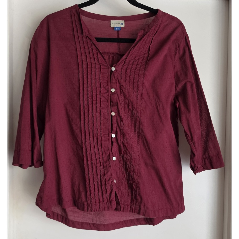 Madison Blouse Women Large Maroon Cotton Collared 3/4 Sleeve Pleated Top Boho